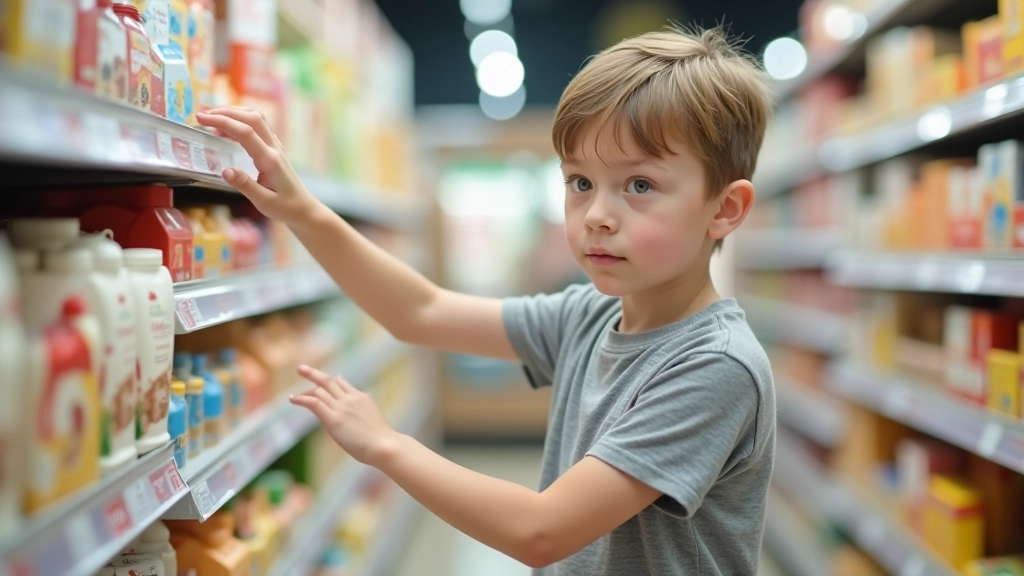 Enfant en train de regarder les prix sur les rayons d'un supermarché, pensif et concentré