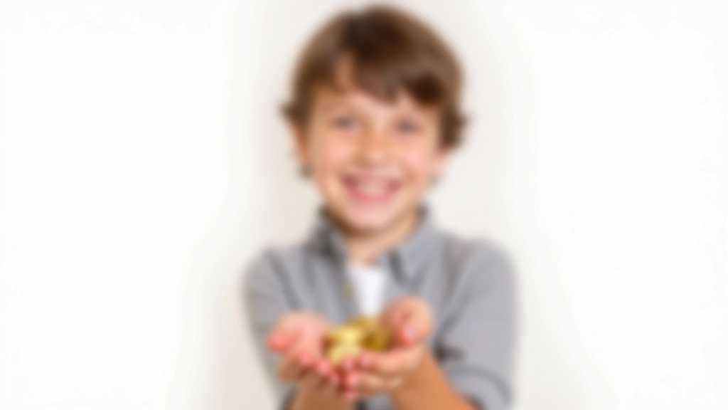 Enfant souriant tenant des pièces de monnaie dorées dans ses mains ouvertes