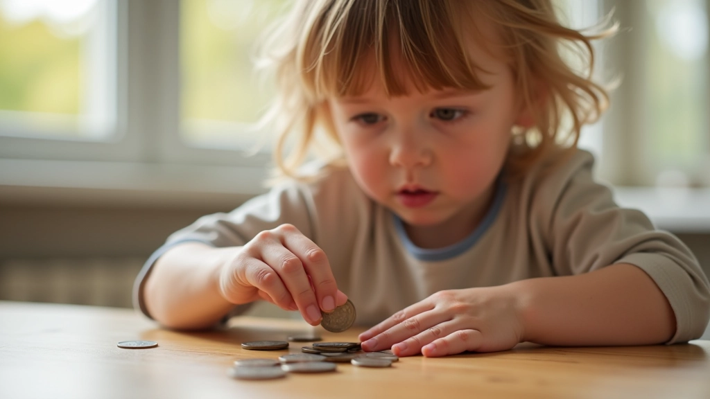 Enfant comptant des pièces de monnaie avec concentration