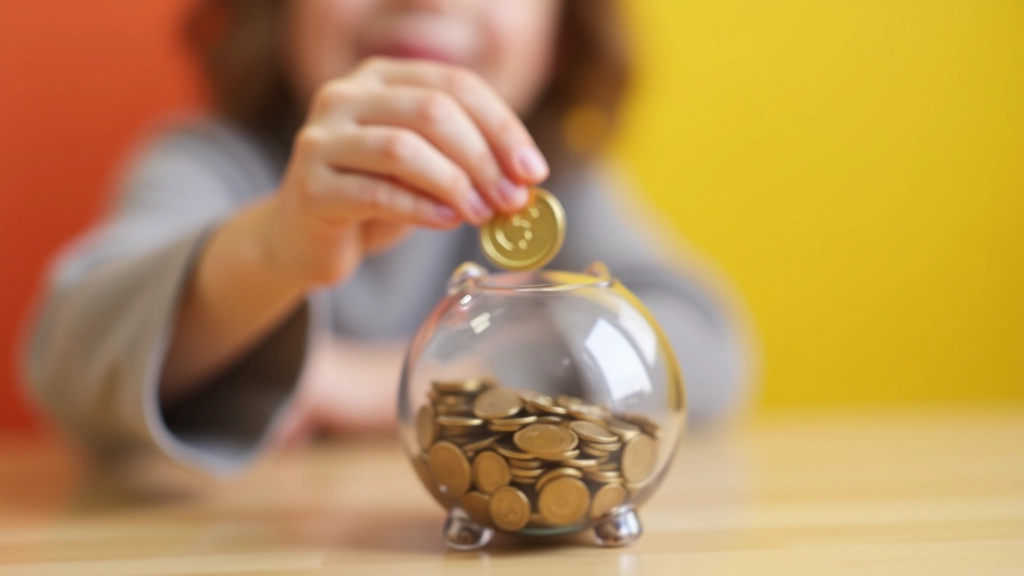Enfant plaçant une pièce dans une tirelire transparente colorée