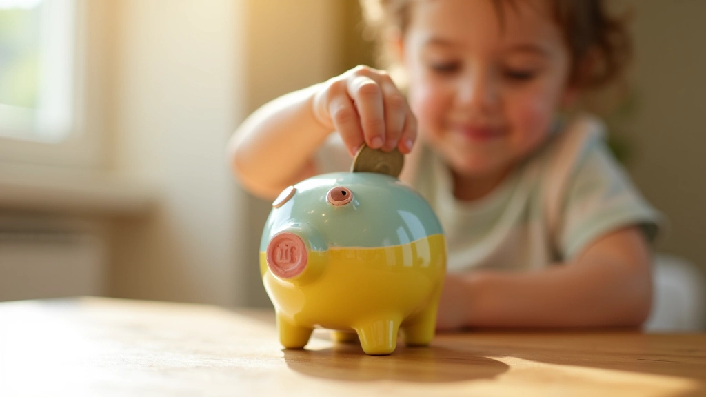 Enfant plaçant une pièce de monnaie dans une tirelire en céramique décorée sur un bureau