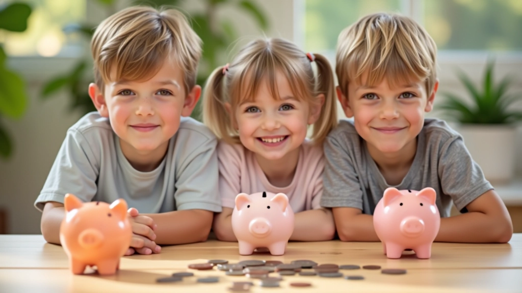 Enfants de différents âges avec tirelires et portefeuilles, montrant comment ils gèrent leur argent