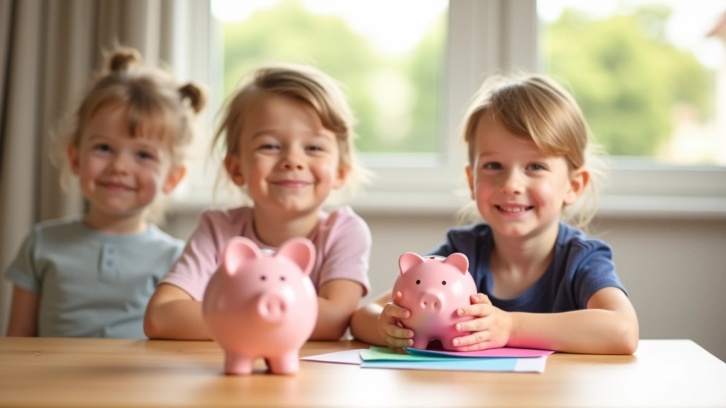 Enfants apprenant la gestion de l'argent de poche avec des tirelires colorées et des enveloppes d'épargne