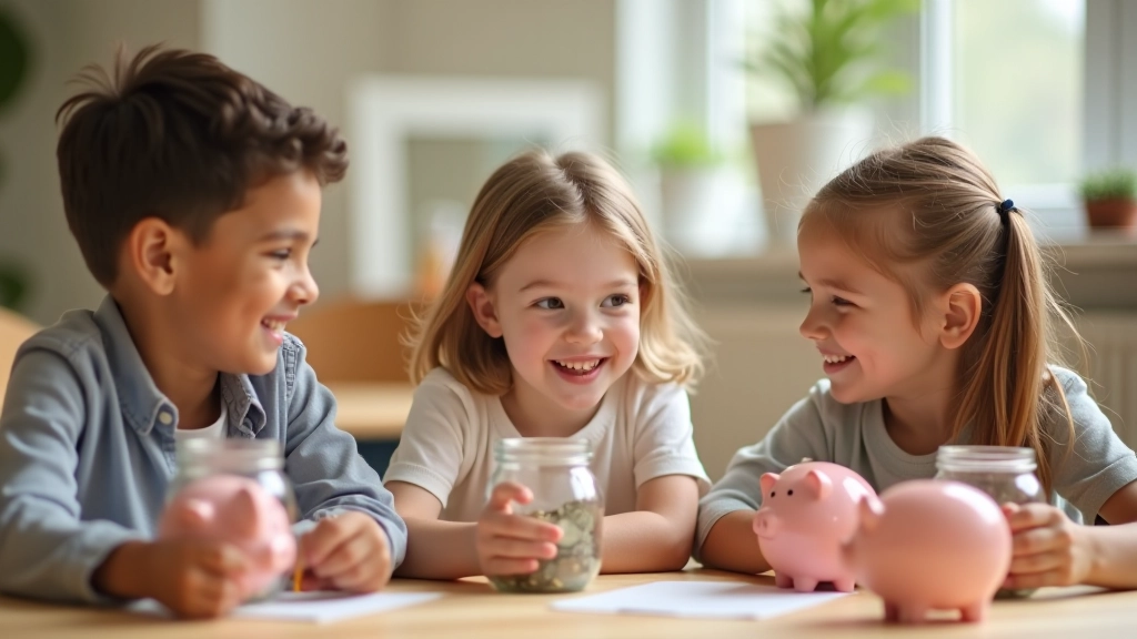 Enfants apprenant à gérer leur argent de poche avec des tirelires colorées et des enveloppes d'épargne