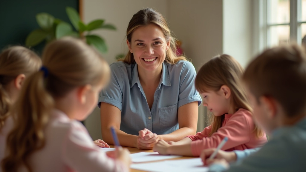 Équipe d'éducateurs financiers discutant avec des enfants dans une salle de classe