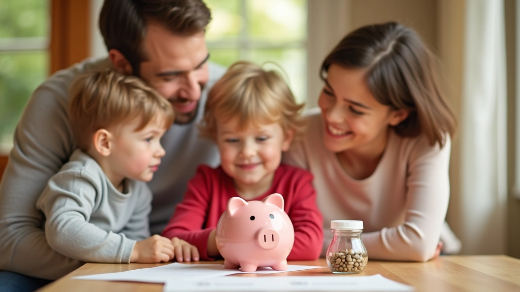 Moment d'enseignement financier en famille : parents et enfants discutant de l'argent de poche et des objectifs d'épargne