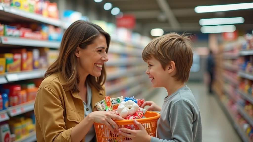 Mère et enfant en train de discuter devant le rayon des bonbons et des snacks au supermarché