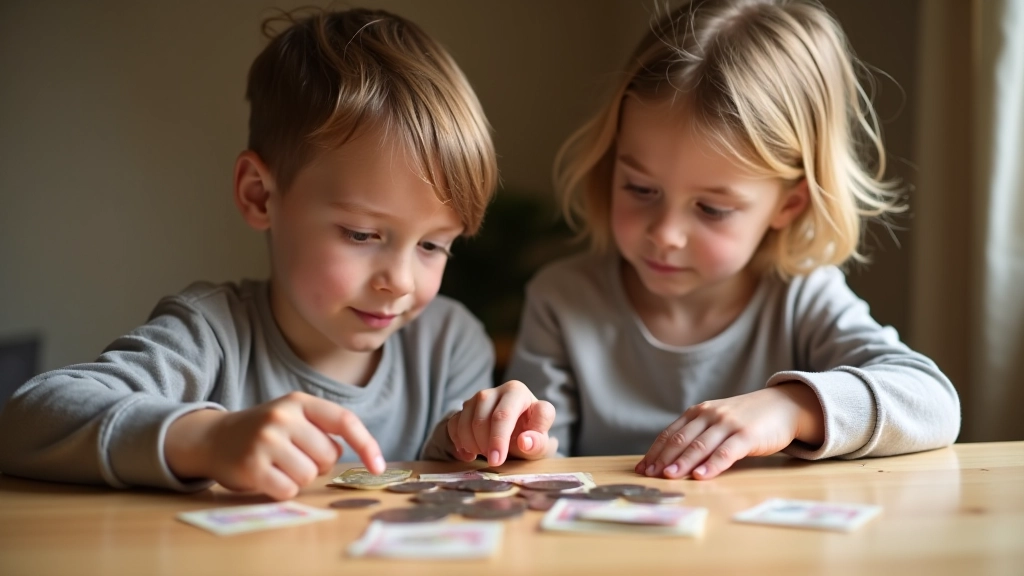 Parent et enfant assis à une table, compant des pièces et des billets ensemble