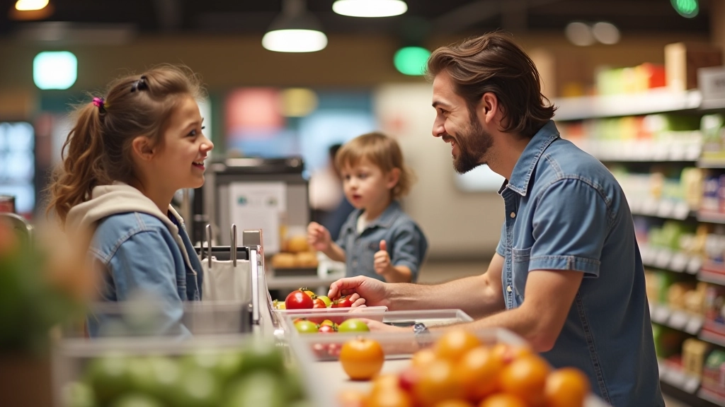 Parent et enfant à la caisse du supermarché, enfant tenant les articles qu'il a choisis, souriant