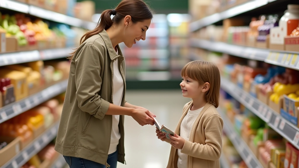 Parent et enfant discutant dans un supermarché devant les rayons, pointant des produits