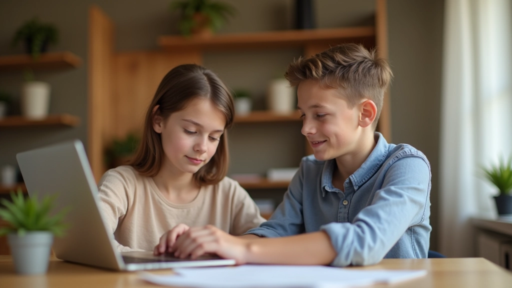 Parent et adolescent discutant des objectifs d'épargne assis à une table avec un ordinateur portable et des notes