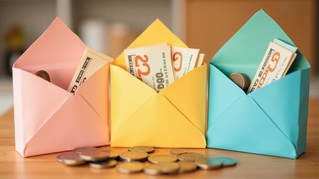 Trois enveloppes colorées étiquetées avec des catégories d'épargne différentes, remplies de billets