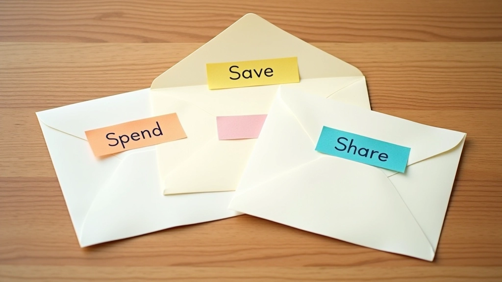 Système de trois enveloppes étiquetées pour dépenser, épargner et partager sur un bureau